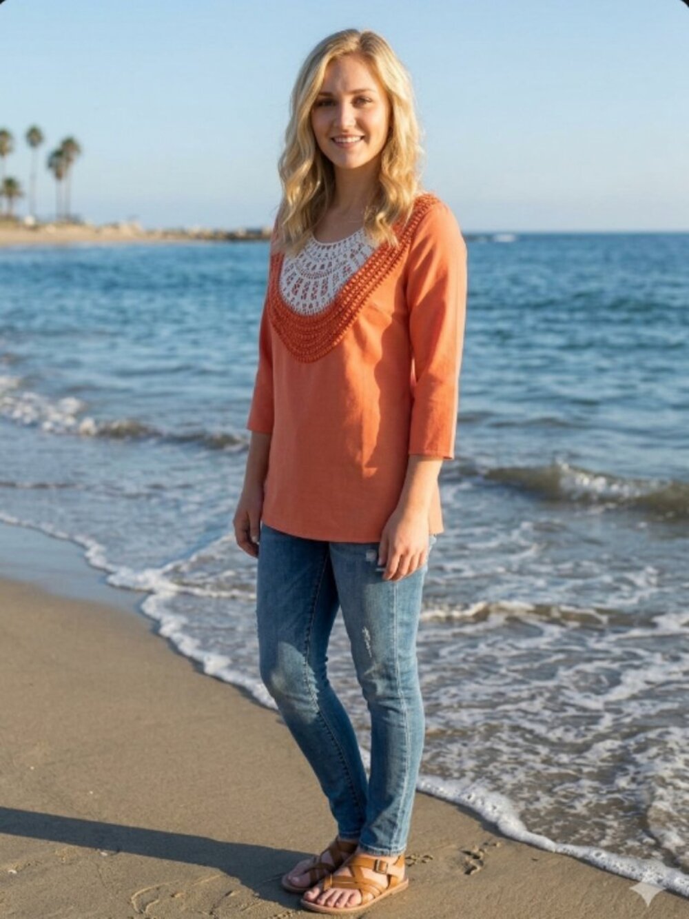Umgee Coral Top with Cream Crochet Yoke